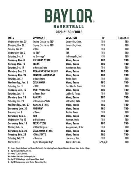 baylor basketball men's schedule